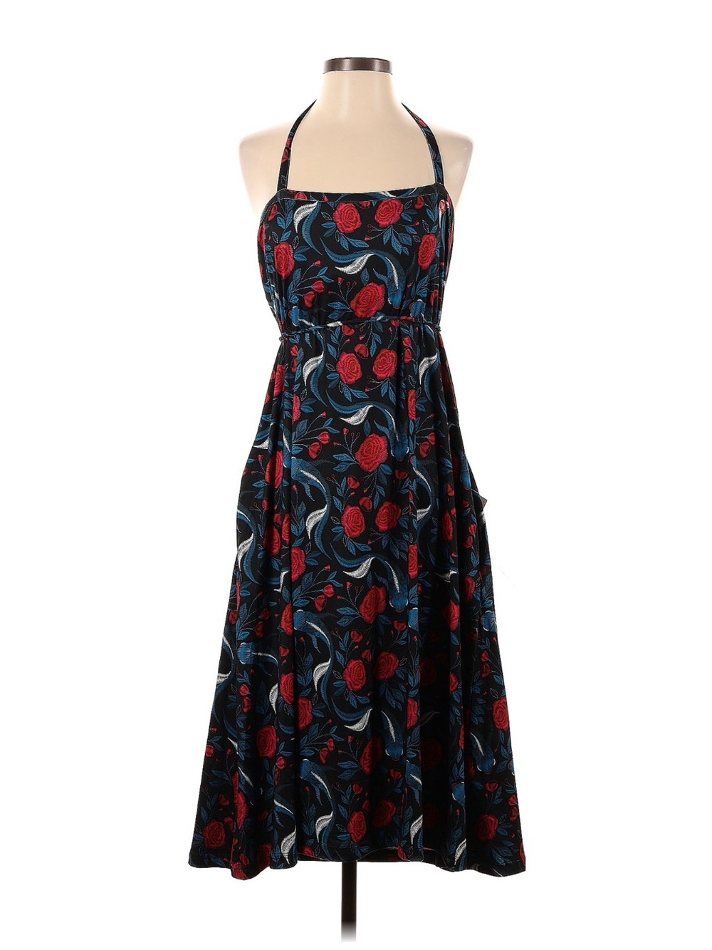 Halter Maxi Dress with Red Rose Print on Black